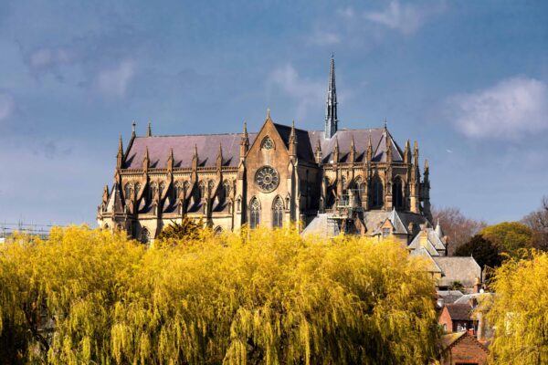 Arundel Cathedral in West Sussex, England, with Gothic Revival architecture and tall spire