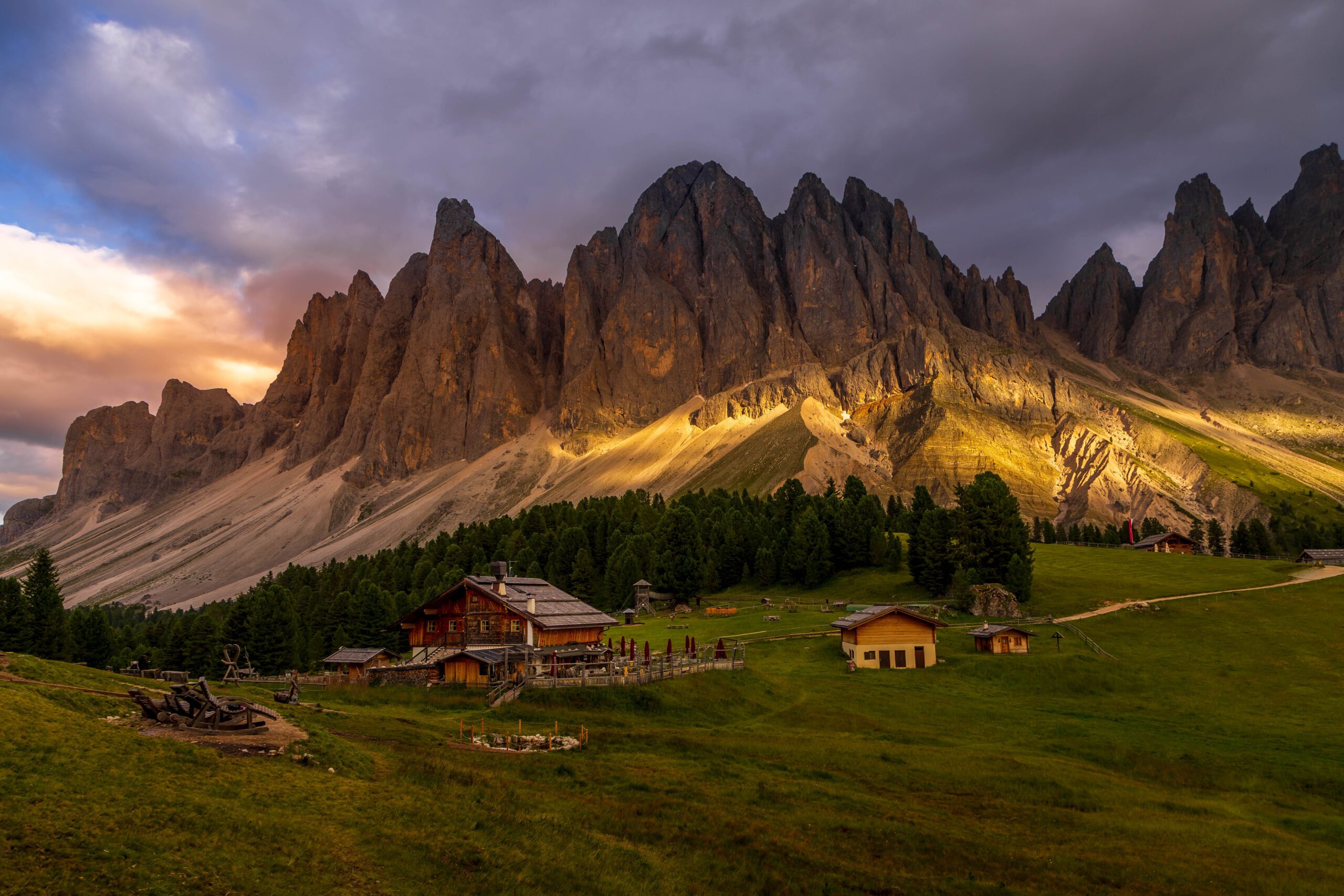 Adolf Munkel Trail in the Dolomites, Italy, with the Geisler/Odle mountain peaks in the background