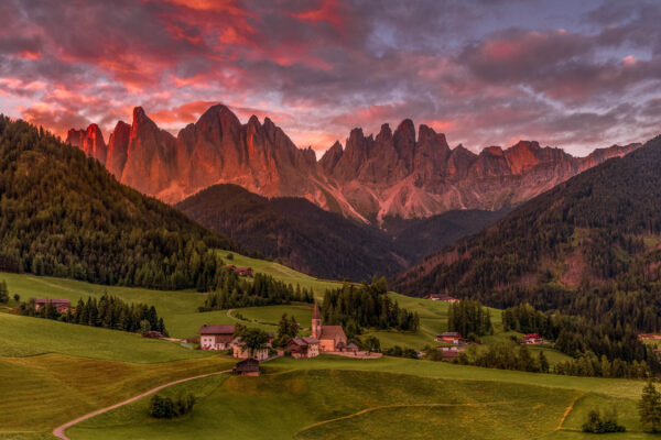 Santa Maddalena Church in Val di Funes, Dolomites, Italy, with the Odle/Geisler mountain peaks in the background