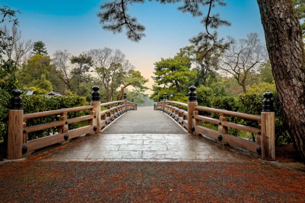 Wooden bridge in a Japanese garden, used as a leading line through lush greenery