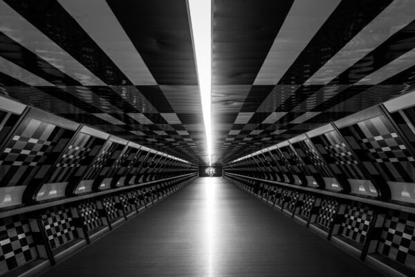 Canary Wharf Underground station in London with modern curved glass roof and commuters