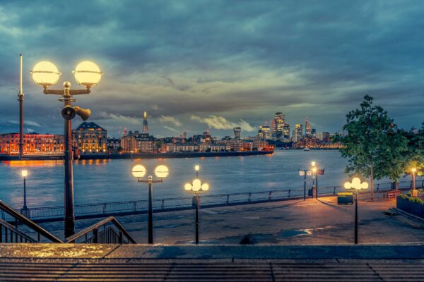 London City skyline viewed from Canary Wharf docks