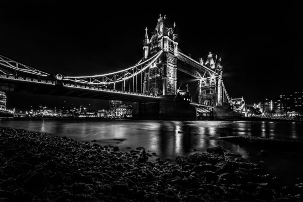 Tower Bridge in London, England, spanning the River Thames with its iconic twin towers