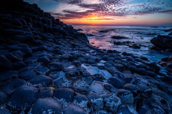 Giant’s Causeway in Northern Ireland with interlocking basalt columns along the Atlantic coast